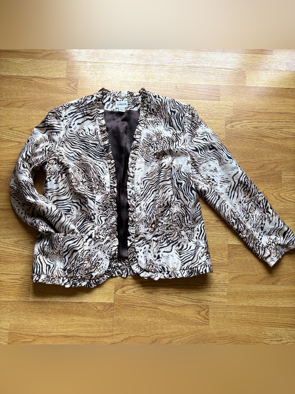 Chico's Brown Cream Animal-Print Open Front Silk Ruffle Jacket Pockets Sz 2 (L)